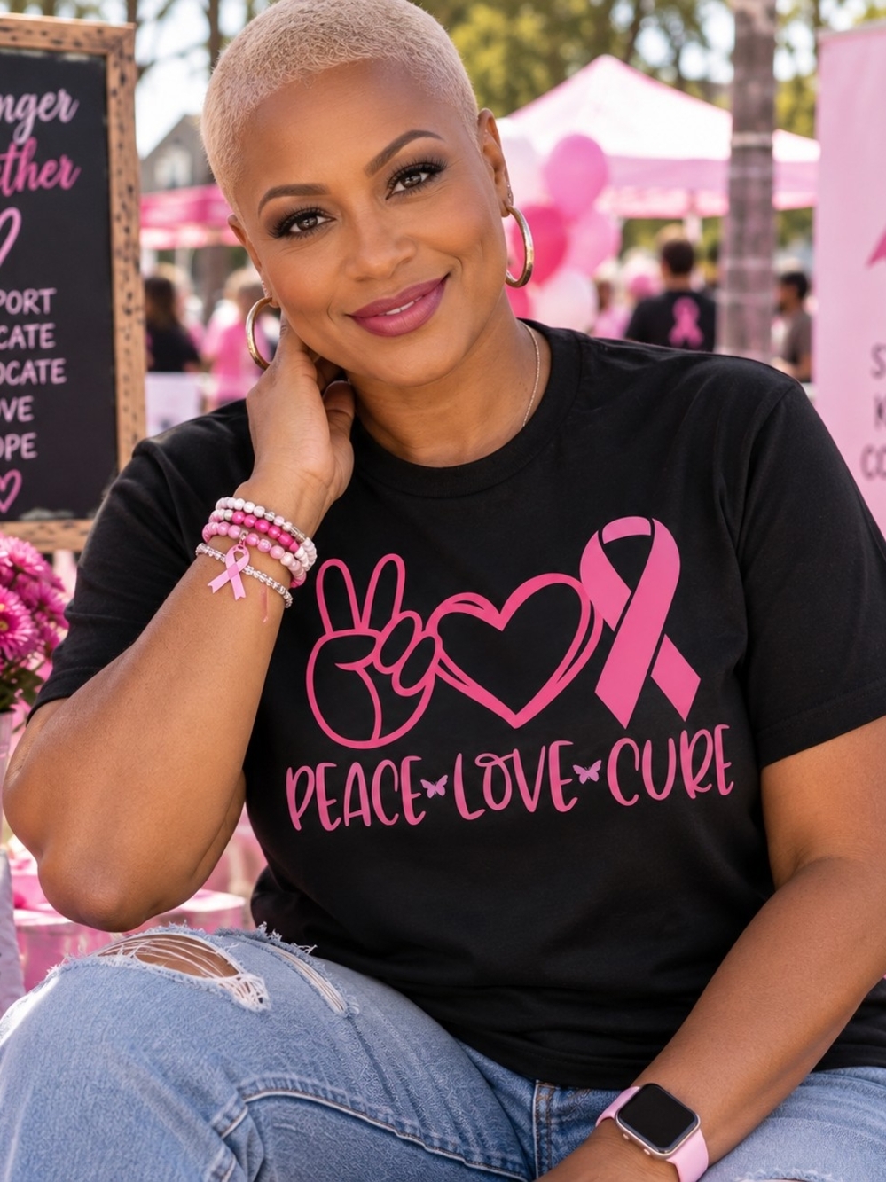 Gildan Black Tee with Pink Ribbon Peace Love Cure Graphic